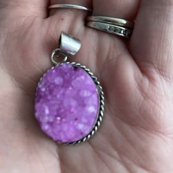 Pink Druzy Pendant And 21 Inch Chain Sterling Silver.