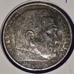 1936A Germany 5 Mark Hindenburg Silver .900 Coin