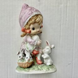 1970s Ceramic Figurine Girl Sitting With Bunnies Easter Decor