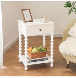 White Bobbin Spindle Nightstand – Modern Farmhouse End Table w/ Drawer