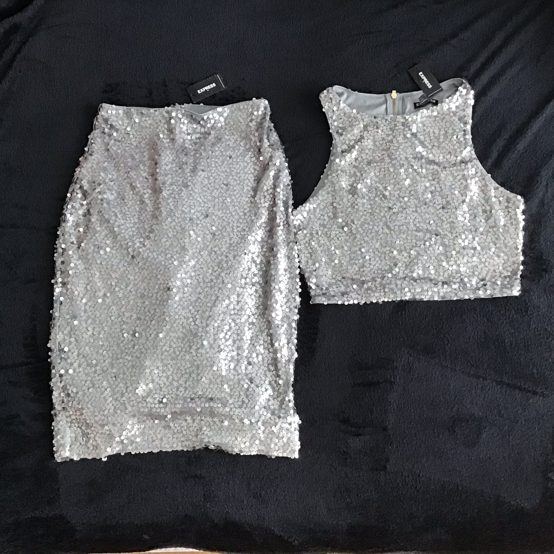 Express Silver Grey Sequin Pencil Skirt and Crop Top NEW WITH TAG