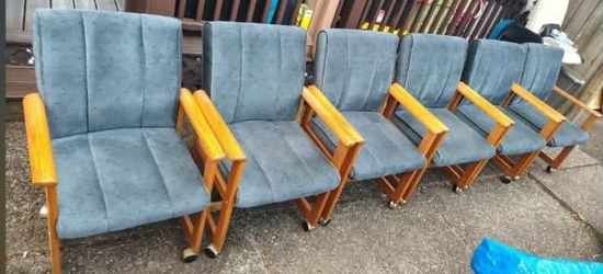 Set of 6 Vintage Oak Rolling Dining Chairs
