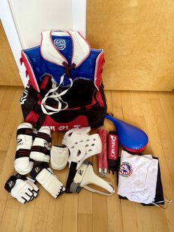 Official martial arts, taekwondo, sparring gear, equipment set.
