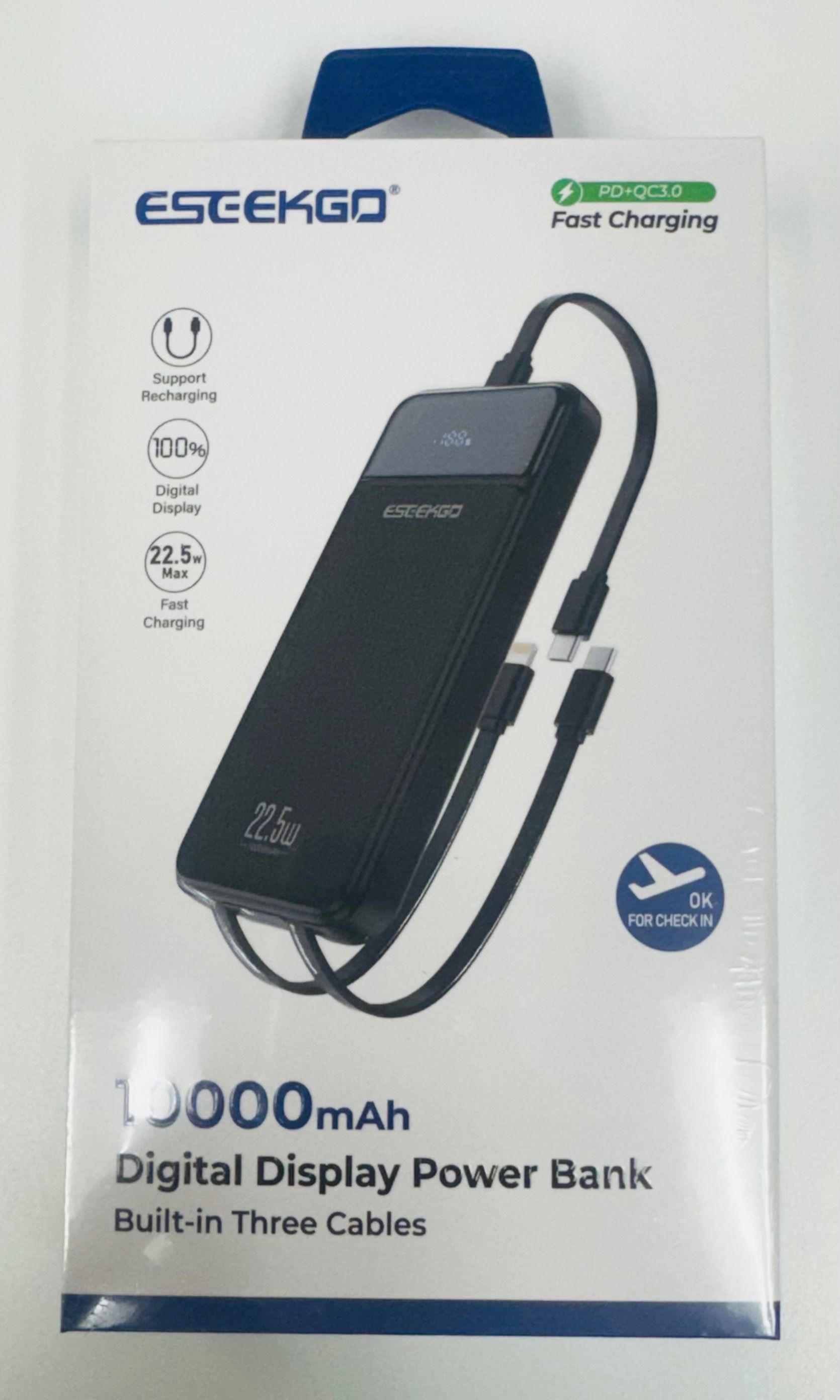 ESEEKGO P-12B 10000 mAh Power Bank With Built-in Cable