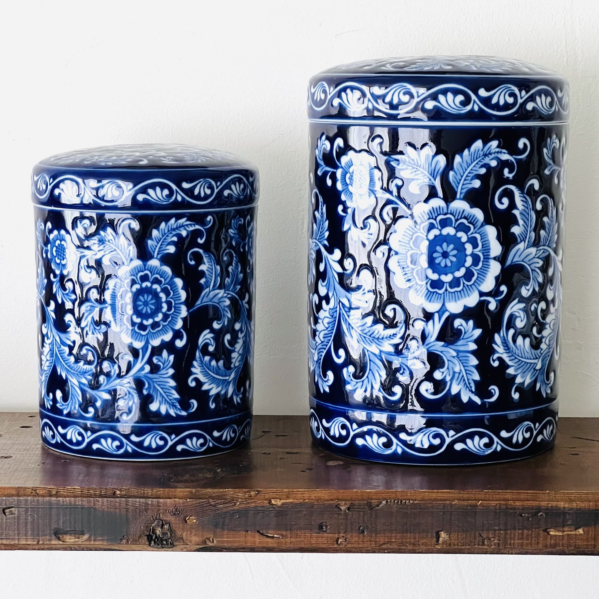 Pier 1 Mandarin Porcelain Storage Jar Canisters with Lids 9.5” & 7.5” Tall