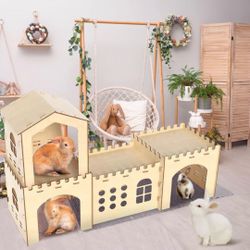 Extra Large Wooden Rabbit Hideout, Large Wooden Castle for Bunnies, Hamsters, and Guinea Pigs