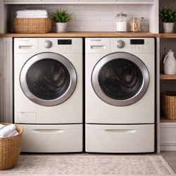  Samsung Steam Front-Load Washer & Dryer Set w/ Pedestals – Clean, Powerful, Ready to Go 