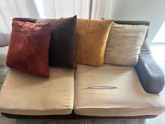 2pc Brown, Beige & Mustard Upholstered Pillow Back Sectional Chaise Sofa