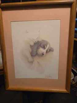 Set of 2 Vintage Bob Harrison Framed Art Prints Puppy Kitten Matted 1980s Decor