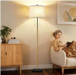 Floor Lamp, 62" Standing Lamp for Living Room with Fabric Lampshade
Wood Grain Tall Lamp with Pull Chain Corner & 2 Bulb Sockets, Floor Lamp for Livin
