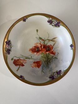 • Antique Ernst Wahliss Turn-Vienna Hand Painted Porcelain Bowl - Poppies & Violets - c. 1900 10"