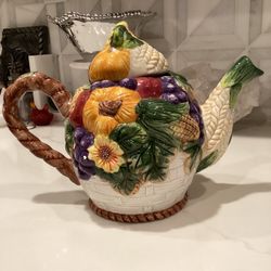 Decorative ceramic teapot with fruit & vegetable design 8” x 10” - perfect condition!