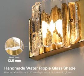 Bathroom Vanity Light Fixture 21.7 in. 3-Light LED 3CCT,Brass Gold with Water Rippled Glass Shade, 
10W, Damp Rated, Non Directional Install, Metal Fr