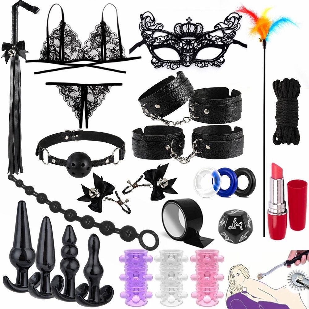 Bondage Kit Set, 26 PCS Restraints Set with Adjustable Cuffs, Blindfold, Collar and Accessories, Durable and Easy to Use (Black)
