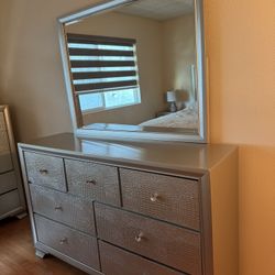 6 Pcs Bedroom Set, Champagne Color, King Size Frame With LED, Mattress, 2 Side Tables, 5 Drawer Dresser, And 7 Drawer Dresser With Mirror