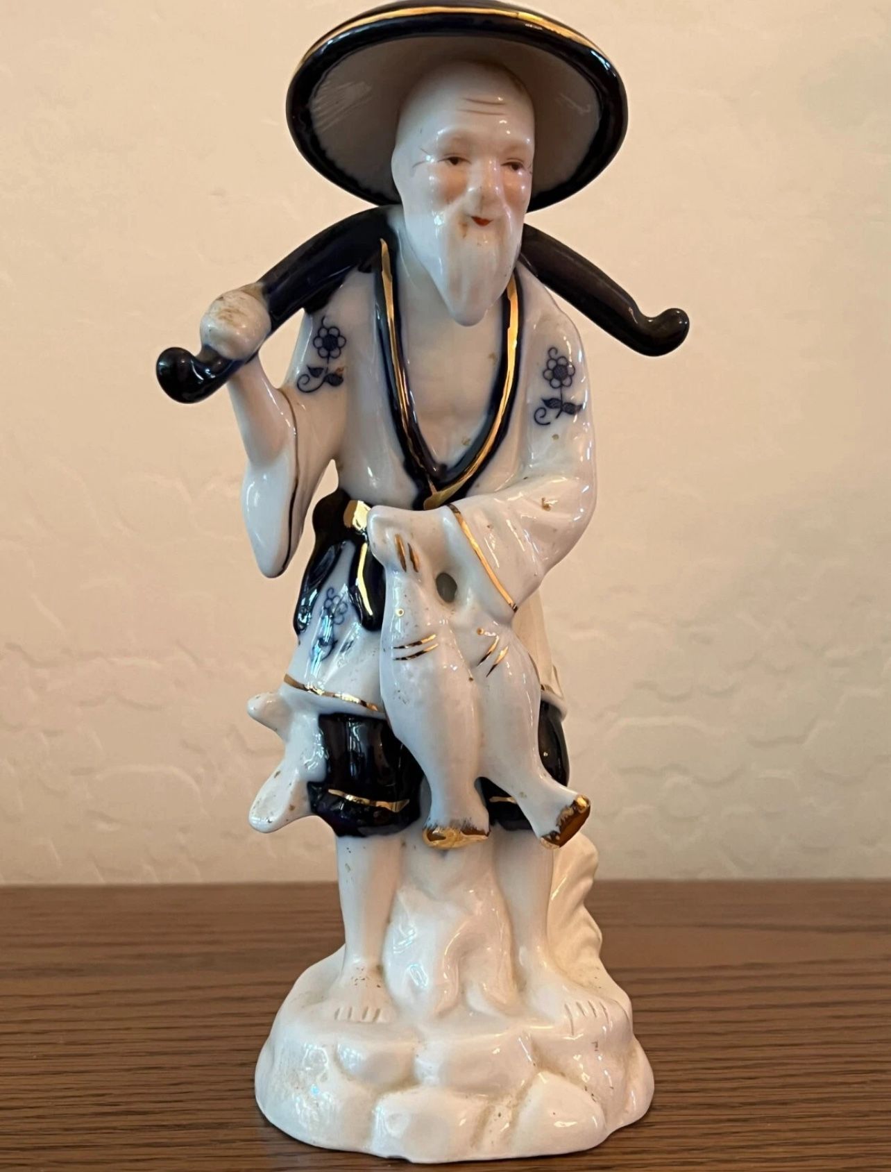 Japanese Chinese Blue and White Porcelain Old Fisherman Figurine