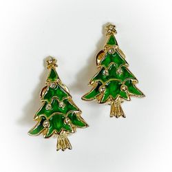 Vintage Green Enamel Christmas Tree Clip On Earrings Gold Tone Metal and White Rhinestones
