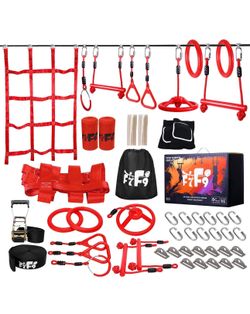 🔥Brand new🔥 60FT Ninja Warrior Obstacle Course for Kids - Slackine Playset with Monkey Bars, 364lbs Capacity, Adjustable Height, Indoor/Outdoor Back
