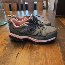 Skechers Womens Oxfords Work Shoes Sz 8 .5Comp Toe Gray / Pink Leather 