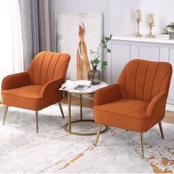 Set Of 2 - Mid-Century Modern Orange Velvet Accent Chairs w/ Gold Legs [NEW IN BOX] **Retails for $300