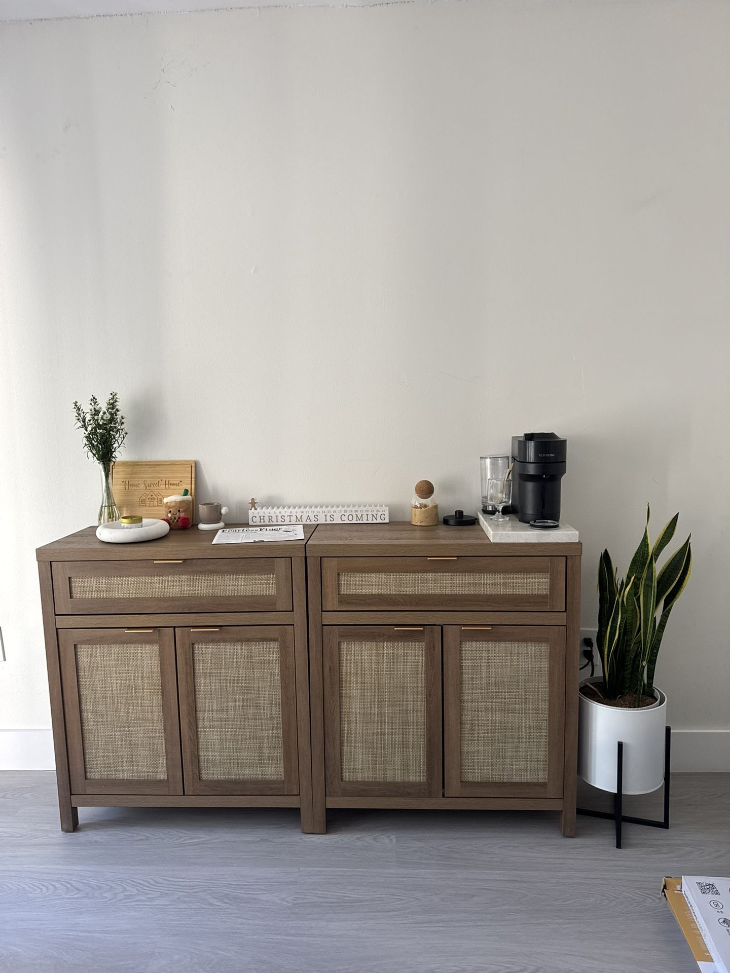 Sideboard Buffet Cabinet Set of 2, Rattan Credenza Storage Cabinet, Boho Buffet Table Console Cabinets with Drawer, Farmhouse Coffee Bar for Entryway 
