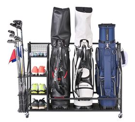 Mythinglogic Golf Bags Storage Rack with Wheels, Holds 3 Bags, Garage Organizer