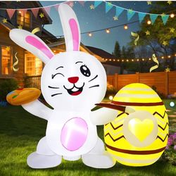 Easter Inflatables Outdoor Decorations 4FT Bunny Egg Cute Rabbit Blow up Decoration Adorable Spring LED Lights for Indoor Holiday Party Garden Lawn Dé