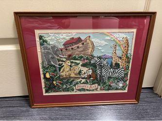 Vintage framed and matted Noah’s Ark needlepoint art