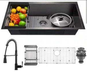 Akdy All-in-One Matte Black Finished Stainless Steel 32 in. x 18 in. Undermount Single Bowl Kitchen Sink with Faucet