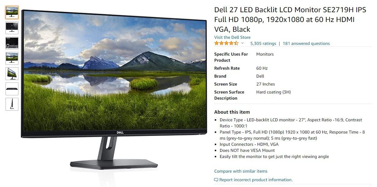 Dell 27 LED Backlit LCD Monitor SE2719H IPS Full HD 1080p, 1920x1080 at 60 Hz HDMI VGA, Black