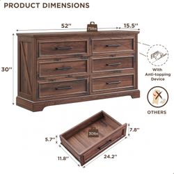Brown Farmhouse 6 Drawer Dresser, Rustic Wood Dresser Chest of Drawers，52'' Wide TV Stand with Large Drawers 