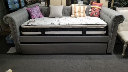 Brand new light gray linen twin over twin daybed