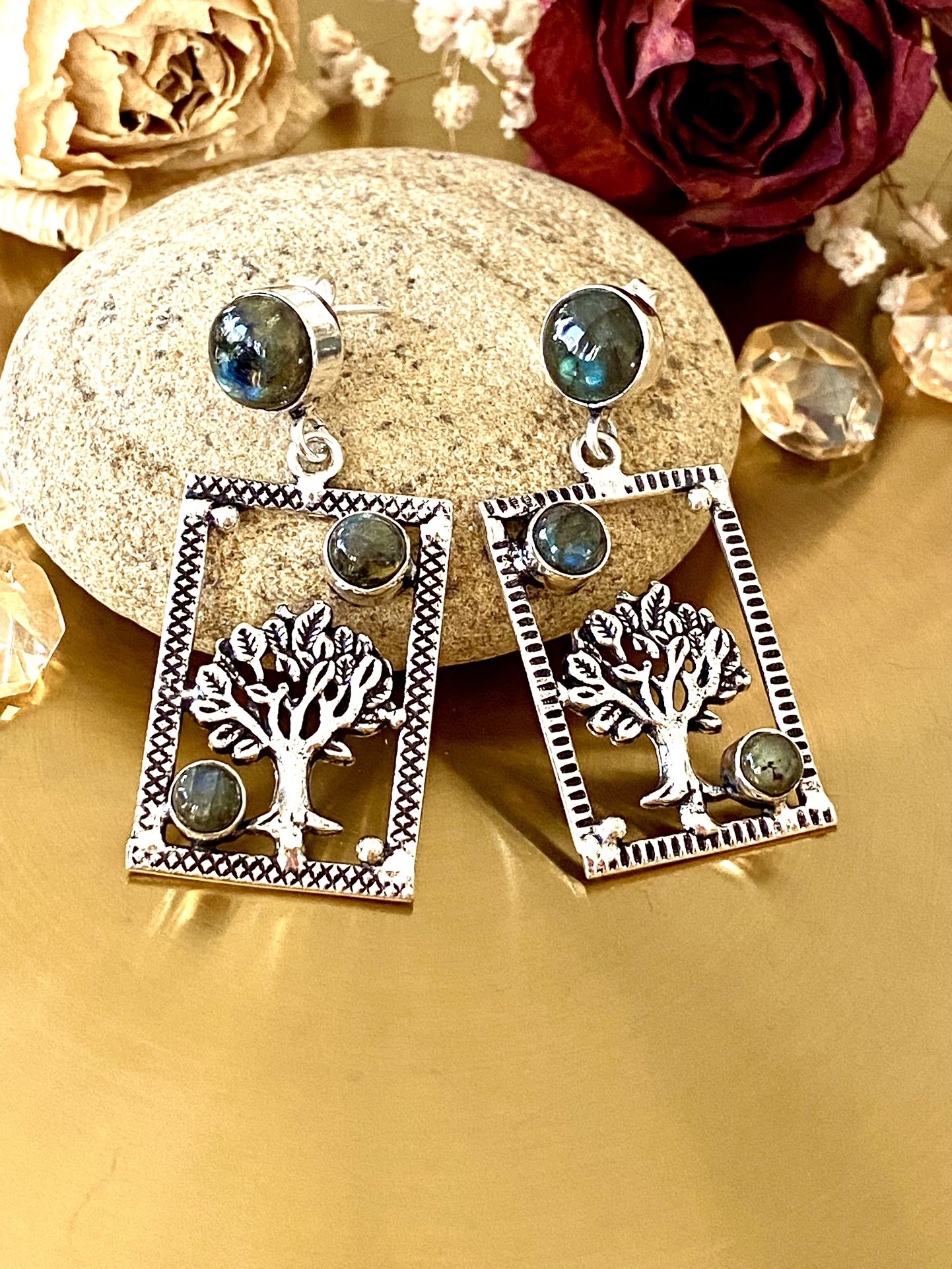 Labradorite Tree Of Life 925 Sterling Silver Overlay Handcrafted Stud Earrings