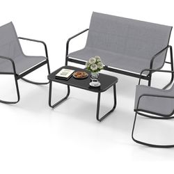 4 Piece Patio Furniture Set, Outdoor Conversation Sets for Patio, Lawn, Garden, Poolside with Rocking Chair Set of 2 and Glass Coffee Table - Grey