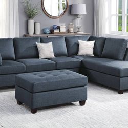 Brand New Dark Blue Dorris 3pc Sectional Sofa With Ottoman 