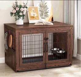 38 inch Dog Crate Furniture with 360°Rotatable Removable Dog Bowls, Upgraded Sturdy Door Lock,