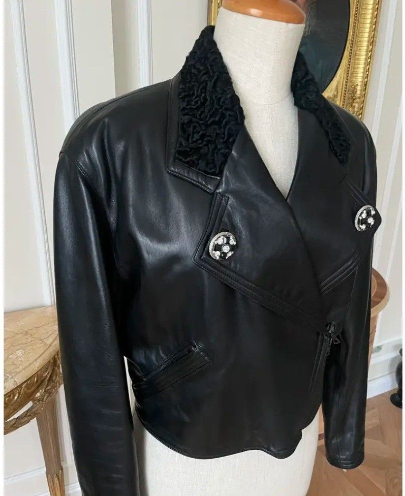 Authentic Gianni Versace Black Leather Bomber Jacket with Embellished Buttons