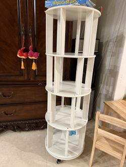 4-Tier Solid Wood Rotating Bookshelf on Wheels, 360° Spinning Book Shelf Tower, Round Revolving Bookcase Organizer, Rolling Bookshelves for Small Spac