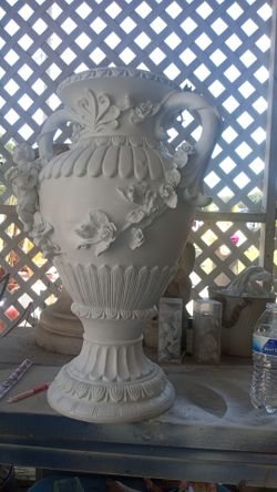 2.5 ft white urn vintage very detailed plaster floor vase