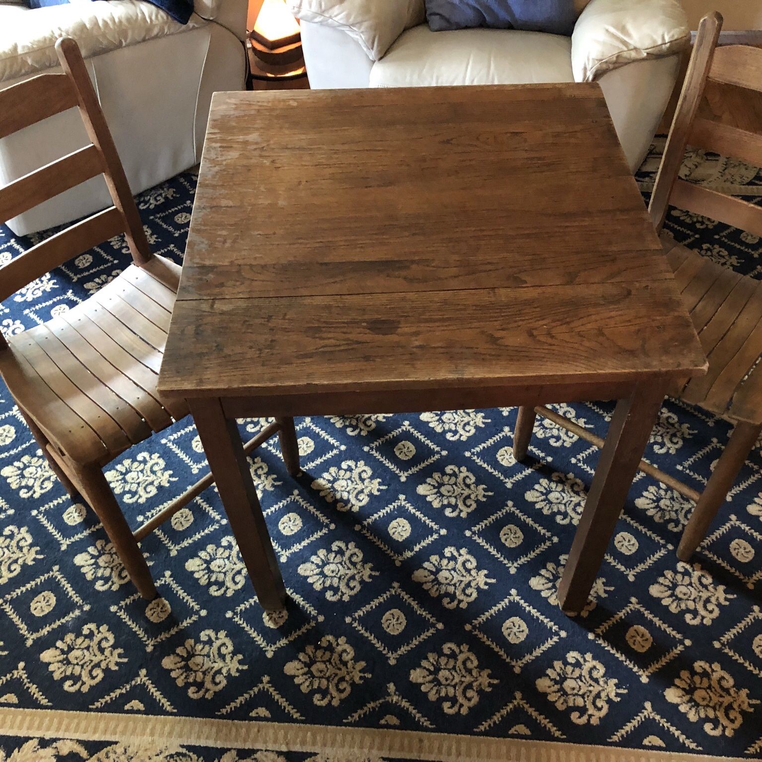 Antique Wood Table N 2 Sturdy Chairs 