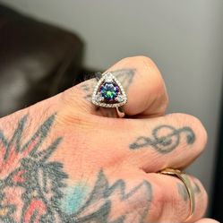 Epic 🔥 !! Mystic Topaz And White Sapphire Ring Set In Solid 925 Sterling Silver !