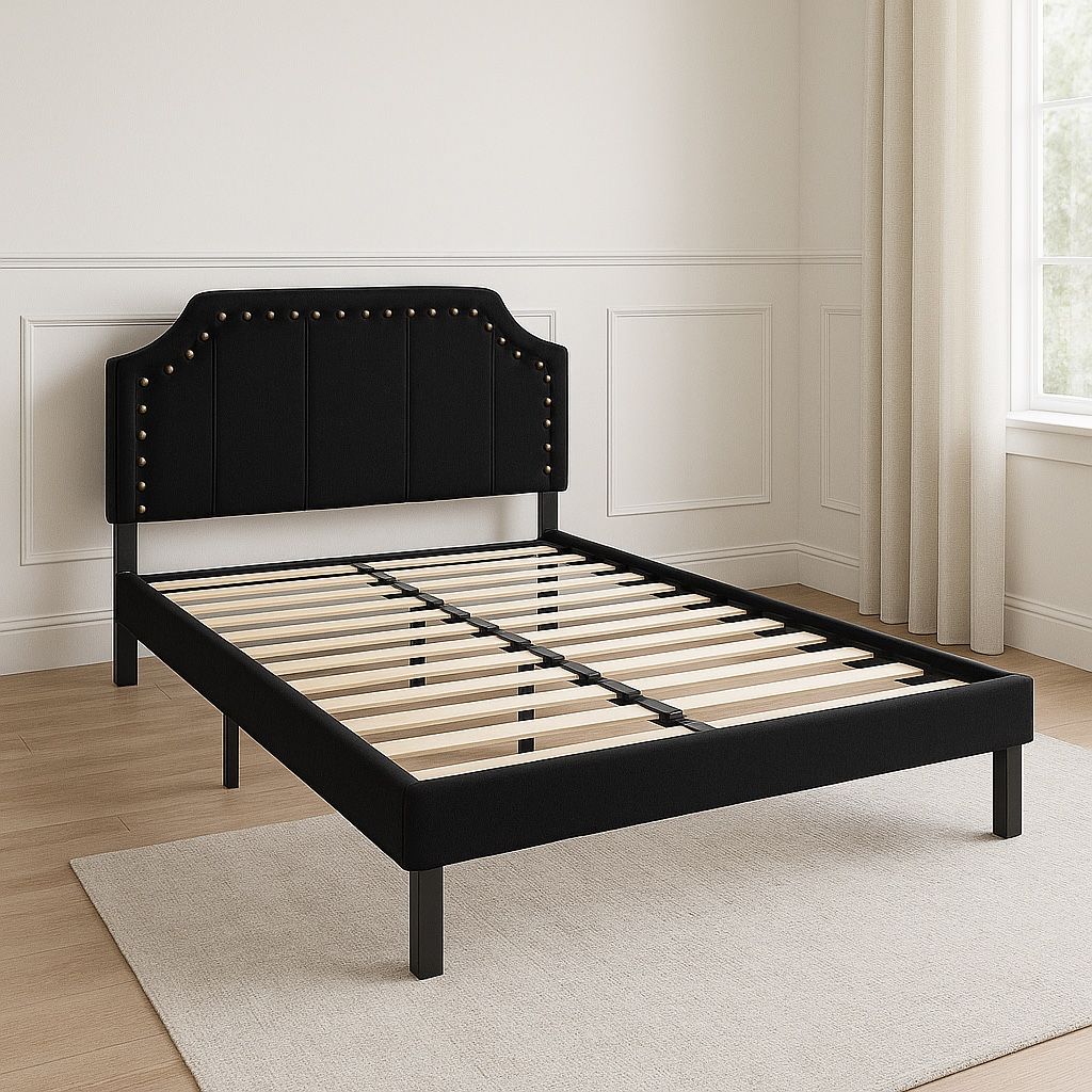 Full Bed Frame – Black Upholstered Fabric with Nailhead Trim