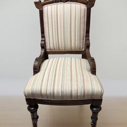 A Gorgeous Antique Victorian Eastlake Throne Like Stripped Upholstered Walnut Armchair Flat Clenched Fist Arms w/ Intricate Wood Details