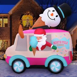 Pink Barbie Inspo theme Christmas Inflatables Large 8ft Tall Santa Ice Cream Truck X-mas Yard Party Lights Outdoor Home Office