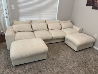 Linen Couch with 2 Ottomans