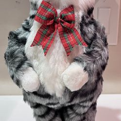 Adorable Animated Plush Cat Toy with Festive Red Plaid Bow - Battery-Operated Fun!