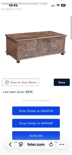 Carved solid wood trunk 4’by 2’ by 19 inches