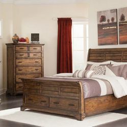 Elk Grove Vintage Bourbon Panel Bedroom Set, 5-PIECE (BED, DRESSER, MIRROR, NIGHTSTAND AND CHEST)