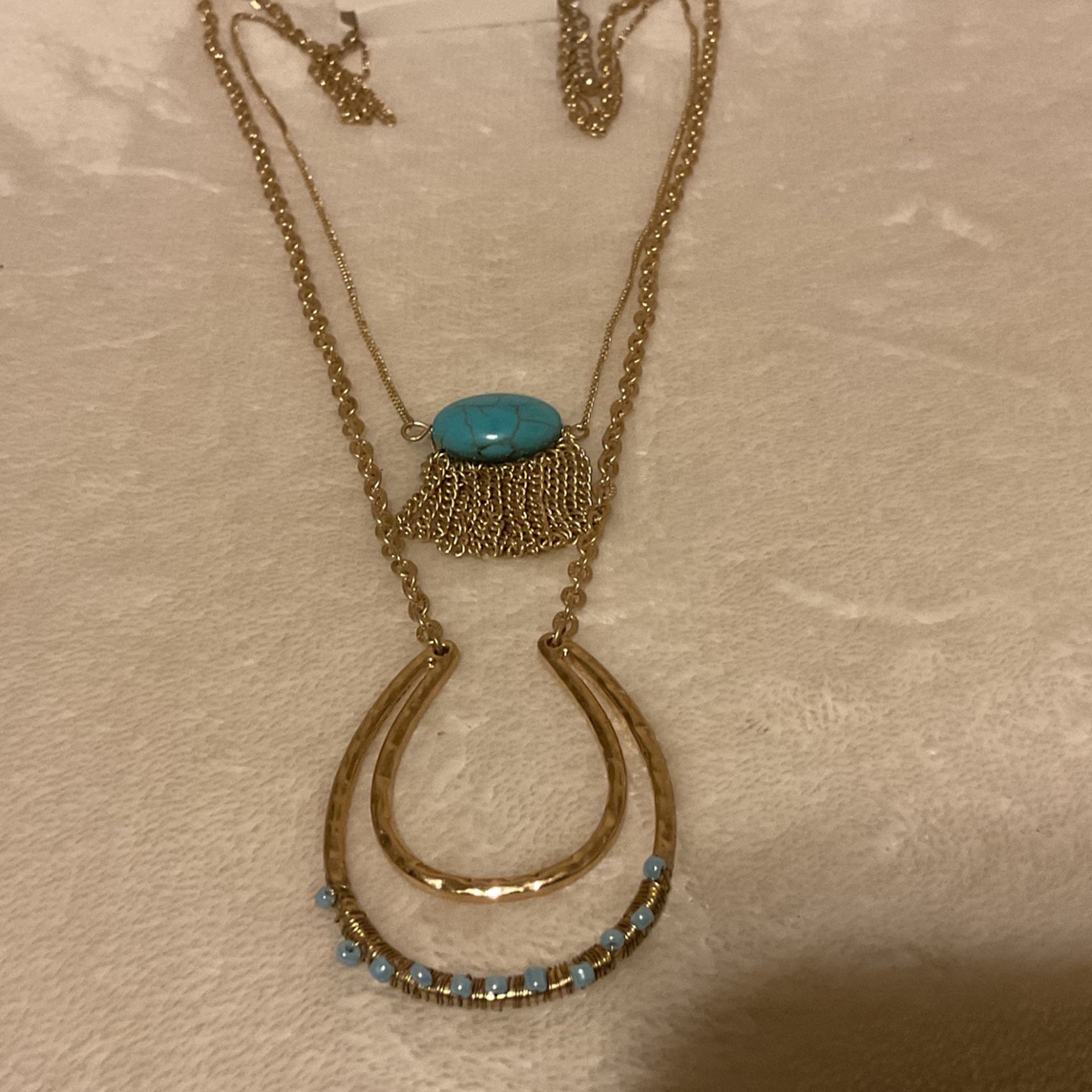 20” Goldtone Double Strand Necklace With Turquoise Stone Pendant…Matching Cuff Bracelet & Ring