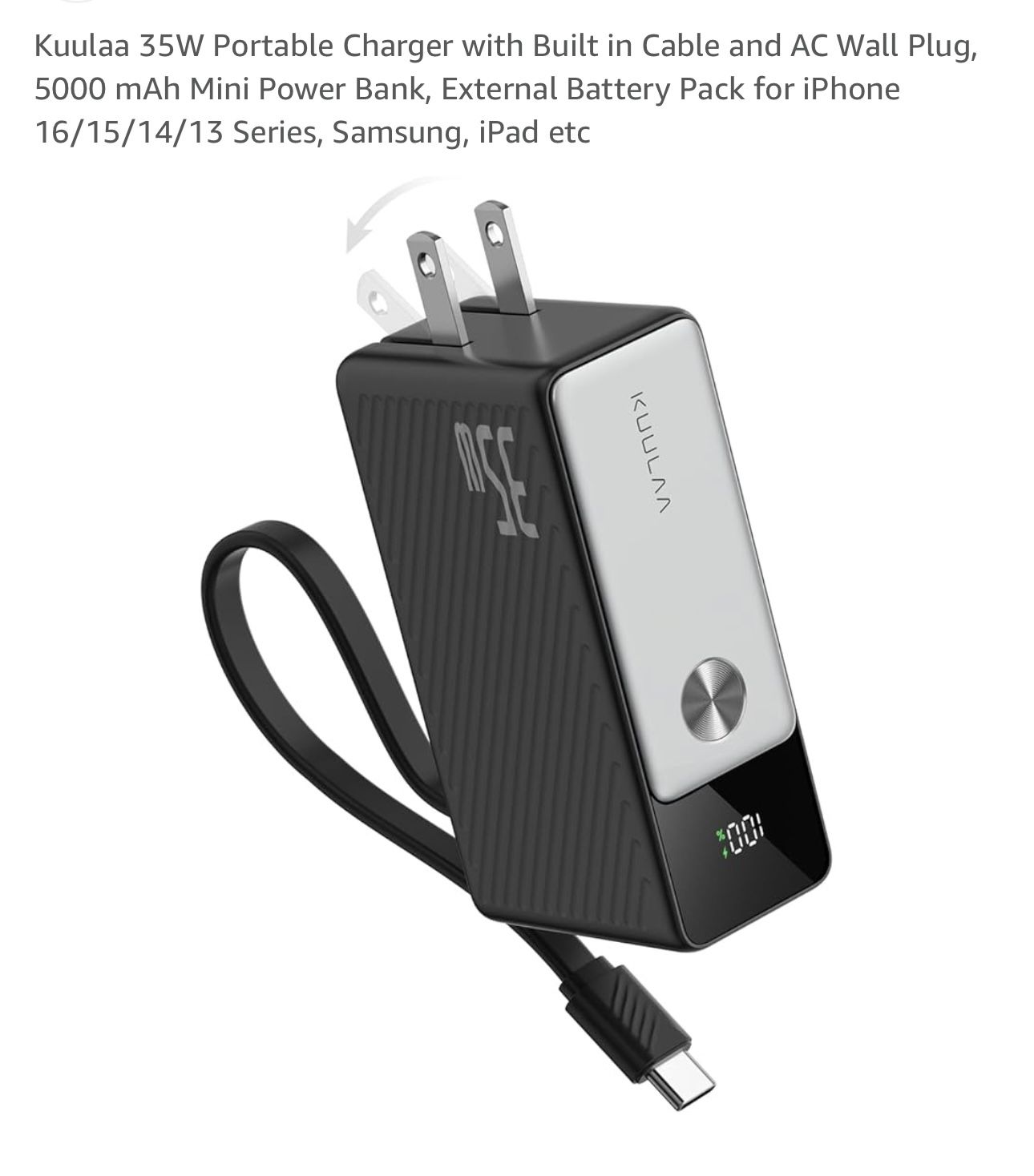 Kuulaa 35W Portable Charger with Built in Cable and AC Wall Plug, 5000 mAh Mini Power Bank, External Battery Pack for iPhone 16/15/14/13 Series, Samsu